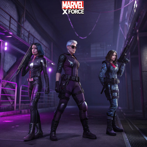 Digital artwork showcasing Cable, Psylocke, and Domino from Marvel's X-Force. Futuristic setting with dim purple lighting and metallic architecture. Cable with advanced cybernetic enhancements, Psylocke in sleek battle armor, Domino in stylish tactical gear. All characters in dynamic poses, ready for combat. Marvel logo prominently displayed.