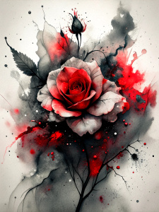 Chinese ink art mixed with red rose paintings, splashes of colored ink, colored stains, black and red tones on the empty space. white background