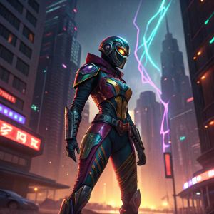 In a futuristic cityscape, Madame Masque, a formidable warrior from Marvel's universe, stands ready for combat. Her armor, a dazzling mosaic of vibrant colors and pulsating energy, radiates an aura of imminent peril.