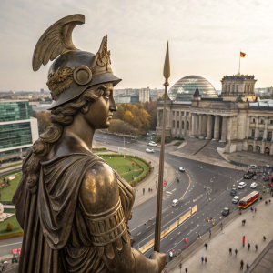 A bronze statue of Pallas Athena stands in the heart of Berlin, Germany, surrounded by the bustling Reichstag Building. The statue features intricate details and is set against a backdrop of modern city life.