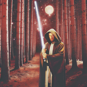 Ewan McGregor, dressed as Obi-Wan Kenobi, standing alone in a vast, dark forest. Nighttime setting, stars shining overhead.