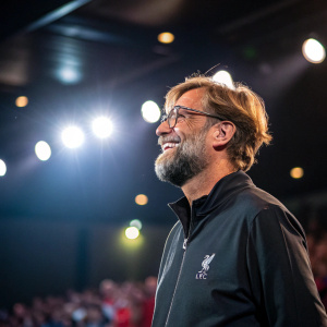 Jürgen Klopp, with his iconic full beard and glasses, at a Q&A session. Bright lights and a blurred audience behind him.