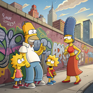 The Simpsons family in an urban setting, standing in front of a graffiti-covered wall in Springfield. Bart, Lisa, Maggie, Homer, and Marge are depicted with their iconic yellow skin and recognizable attire, smiling and interacting in a friendly manner.