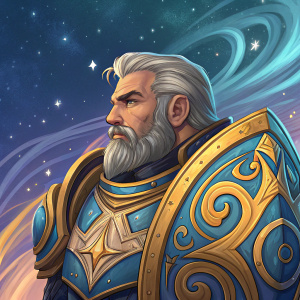 A digital portrait of Reinhardt, a character from Overwatch. The illustration is vibrant and colorful, with blue and gold hues dominating. Reinhardt's armor and shield are detailed with swirling patterns and organic textures. The background is a swirling galaxy, filled with stars and nebulae.