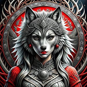 Nordic Godness Ylva She-Wolf - perfect realistic art, high-definition grey and black, white background tattoo design