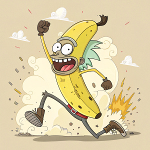Cartoon illustration of a Banana Rick-like character from Rick and Morty. The anthropomorphized character is in an energetic pose, mid-action, with a wide grin. Explosions and smoke surround him, adding to the vibrant, exaggerated style of the artwork.