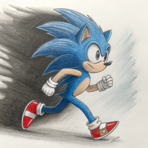Detailed sketch of Sonic the Hedgehog in a dynamic pose. Pencil shading, blue and red color pop. Abstract dark background