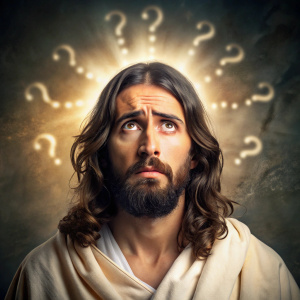 jesucristo cara de preocupado, fondo signos de preguntas