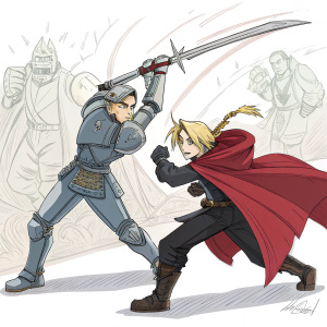 Illustration of Fullmetal Alchemist characters in a sketch style. Dynamic poses with Ed and Al in a battle stance.