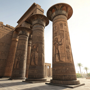 Two massive stone columns in the Luxor Temple. Rich, dark brown hues, detailed hieroglyphics and sculptures. Depicting ancient Egyptian gods and pharaohs.