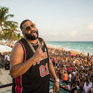 DJ Khaled in a gold chain, wearing a Heat jersey, giving the Miami Finga Licking pose at a crowded beach party.