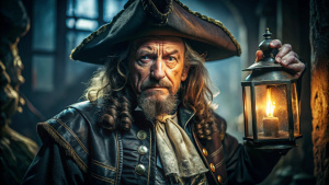 Captain Barbossa portrait resemblance to actor Geoffrey Roy Rush. stands in the shadows, illuminated by the faint glow of an old lantern he holds. His face shows a menacing grin, his eyes cold and calculating. He’s dressed in a combination of pirate attire and 1950s fashion: a long pirate coat with subtle 1950s tailoring details. Behind him, the cursed treasure glows ominously, casting eerie light over the scene. The entire image has an old, haunted feel to it, perfect for a sinister captain.