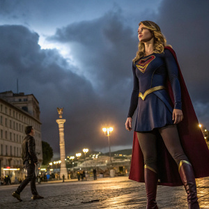 Melissa Benoist as Supergirl, standing confidently in a bustling urban square. Dressed in her iconic blue and gold costume. The sky is filled with dark storm clouds. A mysterious figure lurks in the shadows. Warm streetlights illuminate the cobblestone streets.