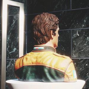 3D rendering of a statue. Inspired by Ayrton Senna, Brazilian racing legend. Bust view from behind, in racing suit. White pedestal against black backdrop.