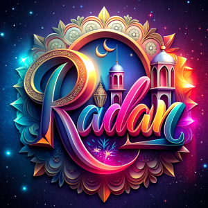 The word Ramadan is written in beautiful, bright letters