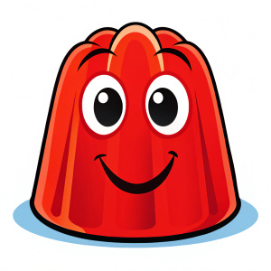 Una gelatina animada en 2D de color rojo con ojos y una sonrisa
