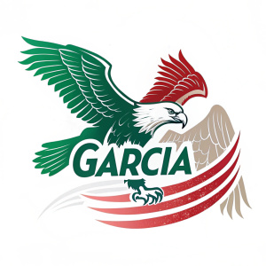Logo design featuring the name García, an eagle in flight. Vibrant green and red colors on a clean white background.