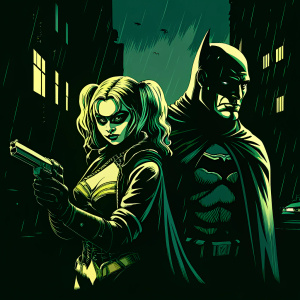 Harley Quinn, wielding a pistol, alongside Wonder Woman, The Joker, and Batman in a gritty Gotham City scene.