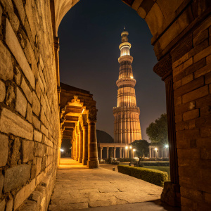 Qutub Minar at night, illuminated by warm golden lights. Captured from a stone-lined corridor within the monument, showcasing the ancient architecture with stone pillars and arches.