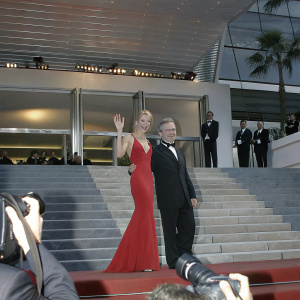 Gwyneth Paltrow and Steven Spielberg, posing together at the Cannes Film Festival. Red carpet event.