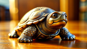 Please display for me the desktop metal funny turtle figurine that is located on my home table. 