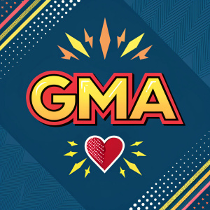 The GMA Network logo, a vibrant design featuring a heart symbol and dynamic geometric patterns. The text 'GMA' is bold and modern, with a Filipino-centric slogan underneath.