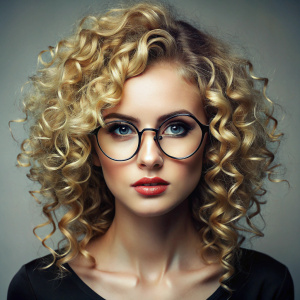 mujer rubia con rulos, muy pocos pelos ,pelo no muy largo,con lentes circulares    