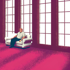 Former US President Donald Trump, in a casual beige polo shirt, sitting on a white leather sofa. Brightly lit room with large windows