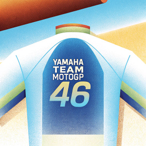 Yamaha Team MotoGP merchandise. Luca Marini's blue and green jersey. Number 46 stands out. High-quality sports apparel. Close-up shot.