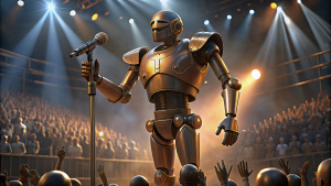 
Live concert background, fighting robot holding microphone and singing