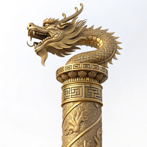 A magnificent golden Chinese dragon pillar, standing tall with a roaring face and fierce expression. The pillar features intricate Greek-inspired designs and ornate patterns, symbolizing power and elegance.