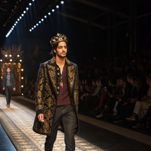 Avan Jogia models Dolce Gabbana's latest collection. Ornate jacket and headpiece. Runway event with audiences seated on both sides, lights casting intricate shadows.