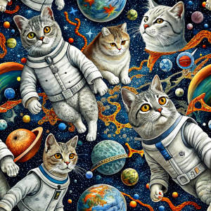 cats fly in space wearing astronaut costumes seamless pattern