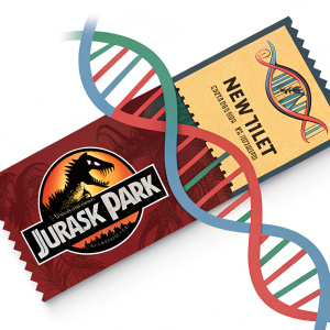 Concept art for a new Jurassic Park attraction ticket. Design features a bold, colorful DNA helix intertwined with the park's logo. Promotional material for an upcoming event.