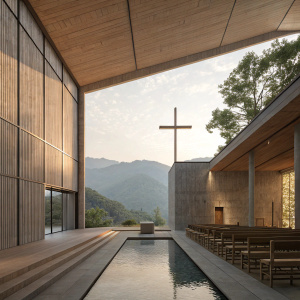 3D rendering of Tadao Ando's Church of the Light. Minimalist design with a pool-like structure and spacious interior. Earthy tones including brown and gray, set against a serene natural backdrop.