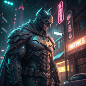 3D render of Batman. Cyberpunk style, muscular figure. Futuristic armor, Bat-symbol on chest. Dark urban background with neon lights