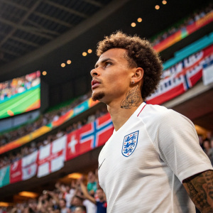 Dele Alli, English footballer, intense gaze. Curly hair, tattoos. Standing in a vibrant stadium with cheering fans.