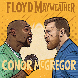 Stylized cartoon illustration of Floyd Mayweather and Conor McGregor. Vibrant yellow background with abstract patterns and bold font.