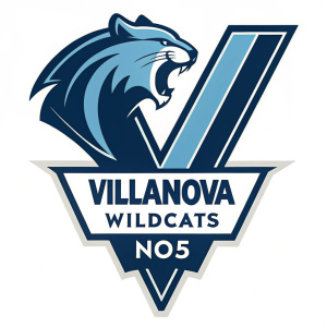Official logo for the Villanova Wildcats. Features a sleek wildcat head in dark and light blue tones, with prominent V-shaped design. Includes text NO5 and Villanova Wildcats in bold font.