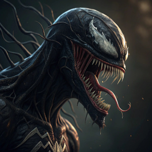Close-up of Venom's face, detailed tentacles extending from the mouth. Dark, eerie background