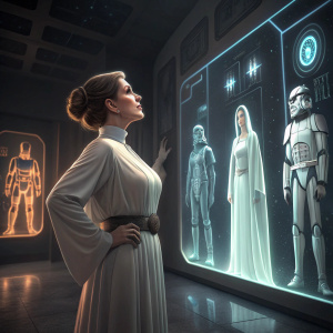 Illustration of Carrie Fisher as Princess Leia. Standing in a room filled with holographic projections of various Star Wars characters. Dark walls