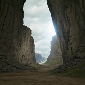 Digital rendering of a cavernous fantasy landscape. Dominated by massive, jagged rock formations. Ethereal light casting a mystical glow, highlighting the intricate details of the rugged terrain. Palette includes deep greens, blues, browns, and grays. High-definition, hyper-realistic yet stylized atmosphere.