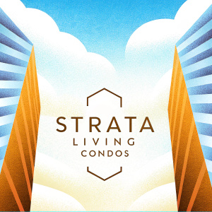 Strata Living Condos logo design. Sleek, modern logo featuring abstract building shapes in serene blue and crisp white. Simple, clean font complements the design.