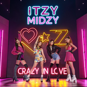 Poster featuring K-pop group Itzy Midzy's members. Bright neon colors. The phrase 'CRAZY IN LOVE' and group logo in foreground.