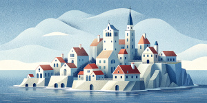 White illustration, Rene magritte style, isolated surrealistic collage of a lot of historical Czech houses on island, huge ocean and sky, white, light pastel colors, zoom out view, grainy texturing paper