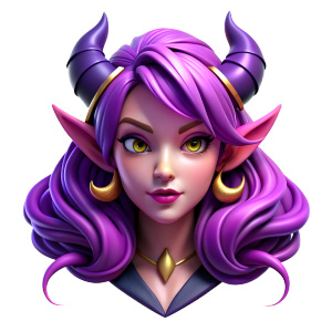 Succubus with gradient hair in purple, lilac, pink colors, with mysterious face