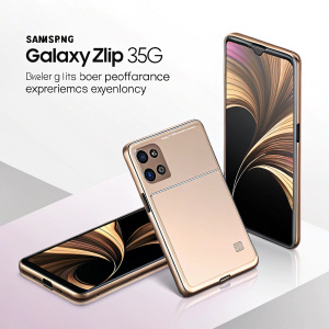 Anuncio para Samsung Galaxy Z Flip3 5G. Diseño elegante con patrón abstracto en pantalla principal. Transforma tu experiencia móvil.