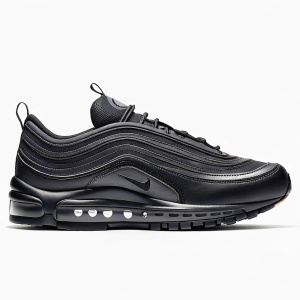 Sleek black Nike Air Max 97 LX running shoe. Wavy patterned upper, cushioned midsole, durable outsole, perfect for a marathon.