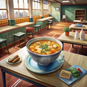 hodgepodge soup in a bowl worth on a cafeteria table, tablespoon on a plate