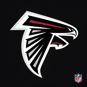 Modern rebranding of Atlanta Falcons logo. Abstract falcon silhouette with sleek design. Minimalist black and white palette. NFL logo subtly integrated at bottom right corner.